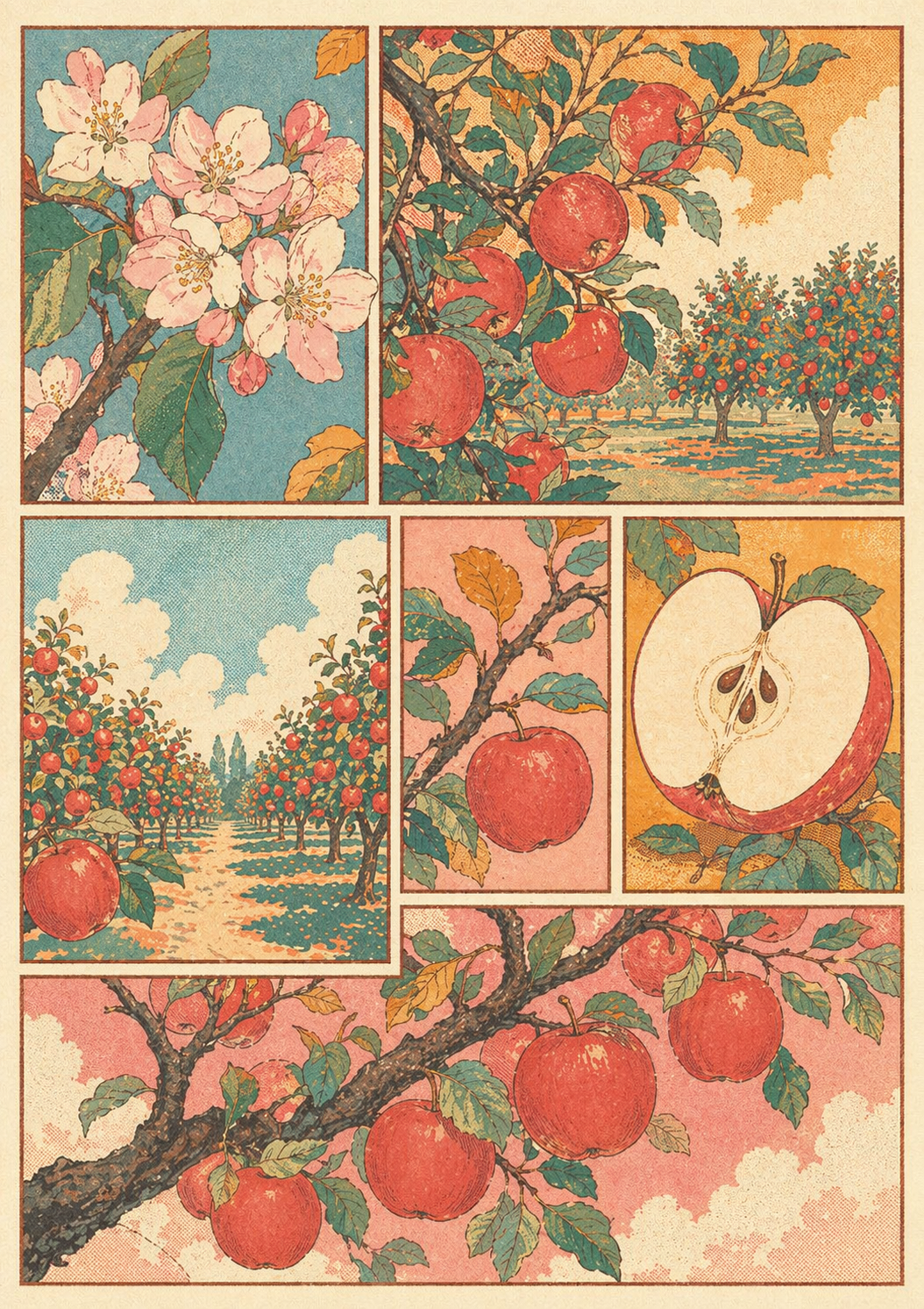 A multi-panel botanical print in a warm retro palette with thin outlines, flat color fields, gentle halftone texture, and elegant decorative framing. Different views of a {object} orchard are arranged across several comic-like panels: clustered fruit, blossoms, curling branches, leaves, and one close-up sliced half. Vintage print charm, muted creams, pinks, teal-blues, and orange-golds, balanced panel layout, vertical composition, 3:4 aspect ratio, no text, no letters, no numbers, no signature, no watermark, no logo.