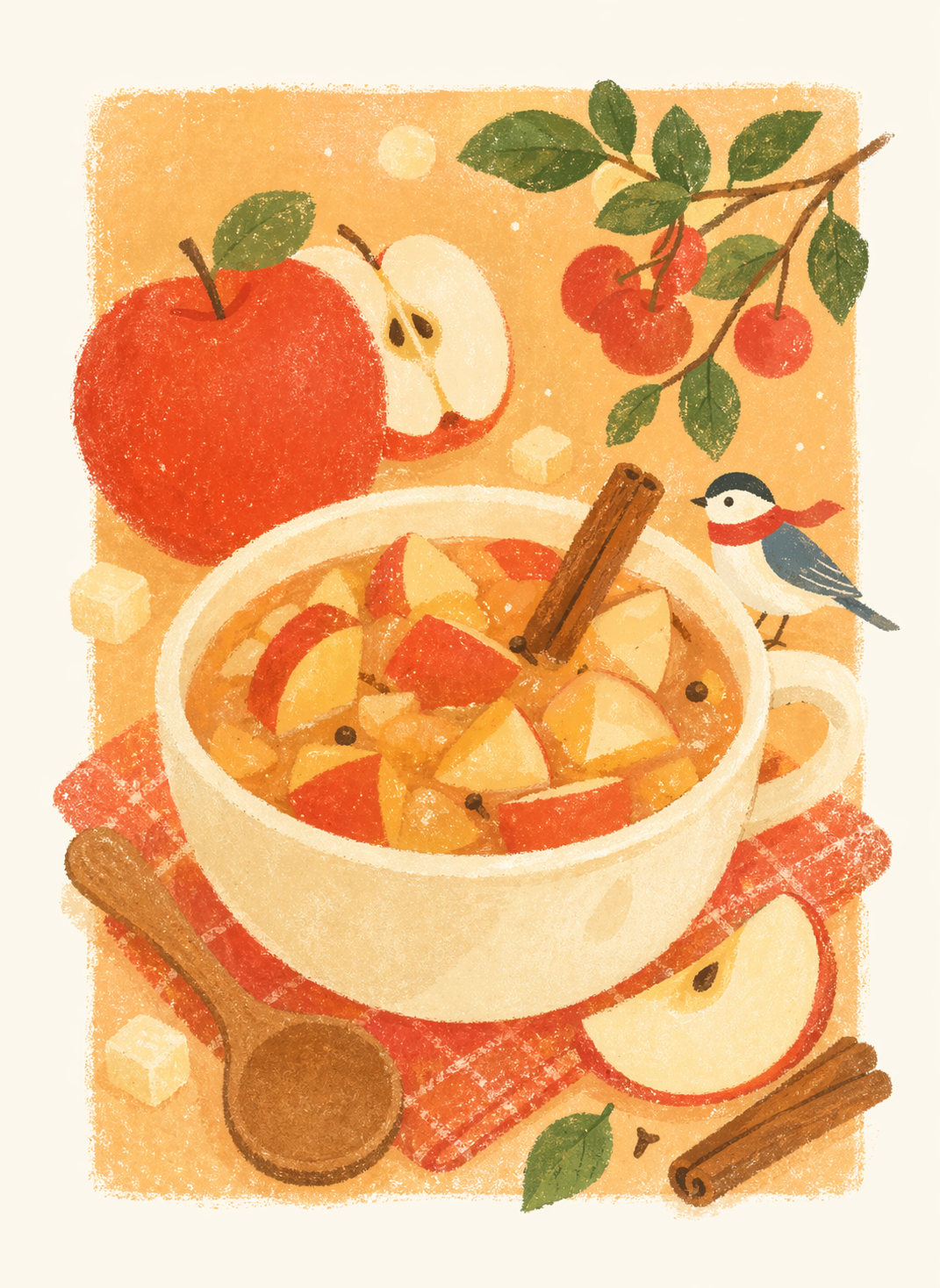 A soft, warm food-poster illustration with chalky textured shapes, gentle pastel oranges and creams, playful flat composition, and storybook simplicity. A cozy dish or drink based on {object}, such as apple stew, baked apples, apple compote, or warm cider in a bowl or cup, shown with sliced fruit, small fruit pieces, cinnamon-like garnish, and a tiny bird or orchard detail for whimsy. Airy negative space, handmade print texture, vertical composition, 3:4 aspect ratio, no text, no letters, no numbers, no watermark, no logo.