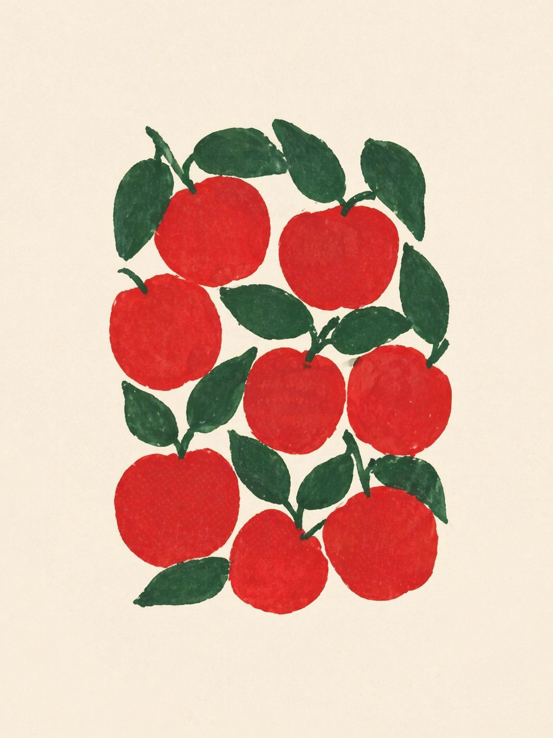 An ultra-minimal gouache-like fruit arrangement with soft edges, matte texture, flat colors, and a cream background. A compact arrangement of whole {object} with deep green leaves forms a neat abstract cluster in the center of the page. Calm handmade print feeling, simple organic shapes, restrained palette, lots of negative space, vertical composition, 3:4 aspect ratio, no text, no letters, no numbers, no watermark, no logo.