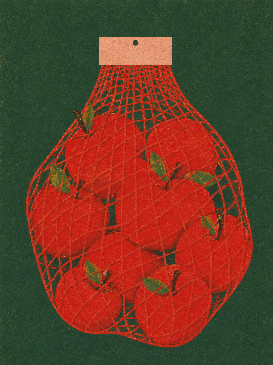 A simple retro produce illustration with a dark green background, warm grainy texture, and a hanging red mesh produce bag. The net bag contains several bright red {object}, softly flattened into graphic organic shapes behind the grid of the bag. Bold color contrast, minimal composition, folk-poster charm, handmade printed texture, vertical composition, 3:4 aspect ratio, no text, no letters, no numbers, no watermark, no logo, no tags.