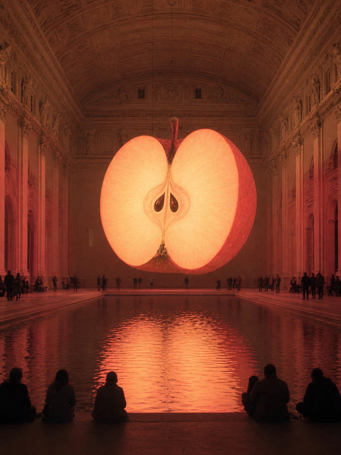 A monumental indoor art installation inside a grand classical hall with a reflective pool and tiny human silhouettes for scale. A giant softly glowing {object}, or a luminous sliced half of {object}, floats above the water as the central sculptural form. Warm amber-pink atmospheric light, majestic architecture, serene symmetry, contemplative museum mood, immersive minimalism, vertical composition, 3:4 aspect ratio, no text, no letters, no numbers, no watermark, no logo, no signage.