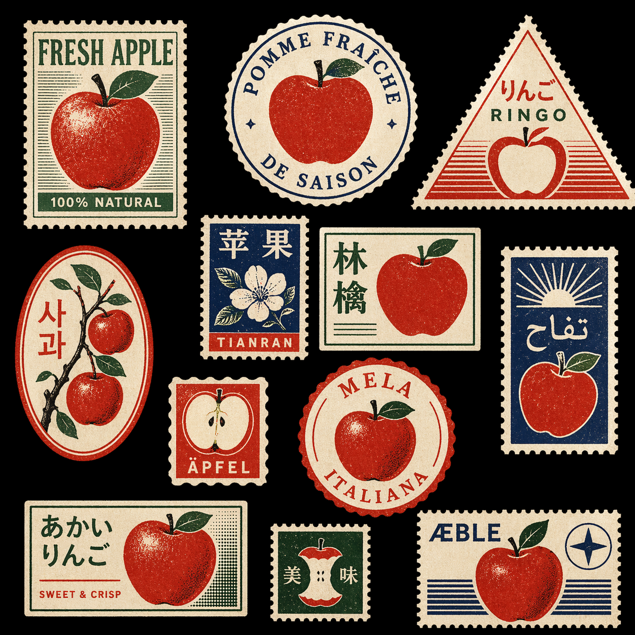 A square graphic poster on a deep black background, inspired by vintage stamp-label compositions and collectible badge layouts. Arrange multiple perforated sticker-like shapes, postage-stamp frames, circular seals, triangular tags, and label panels all themed around {object}. Include multilingual tags for apple in different languages as part of the design system, mixing elegant serif, sans serif, and retro label typography. Add bold apple icons, sliced fruit symbols, orchard motifs, and nostalgic screenprint textures in red, cream, green, and blue. High contrast, clean layout, collectible label aesthetic, slightly aged print texture, no watermark, no logo.