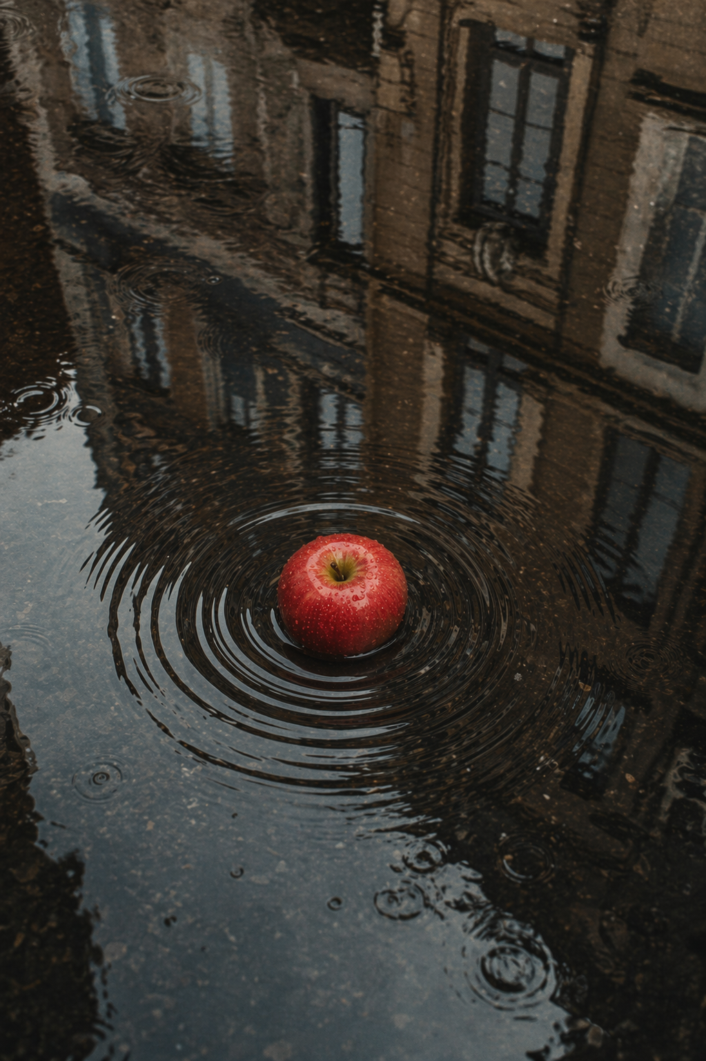A cinematic photograph of {object} floating on dark rainwater, inspired by reflective puddle photography. The fruit sits at the center of circular ripples, with surrounding reflections of urban windows and architecture shimmering across the water surface. Moody natural light, detailed water texture, subtle distortions, poetic realism, elegant composition, strong contrast between the vivid fruit and muted reflected buildings, vertical composition, 3:4 aspect ratio, no text, no watermark, no logo.