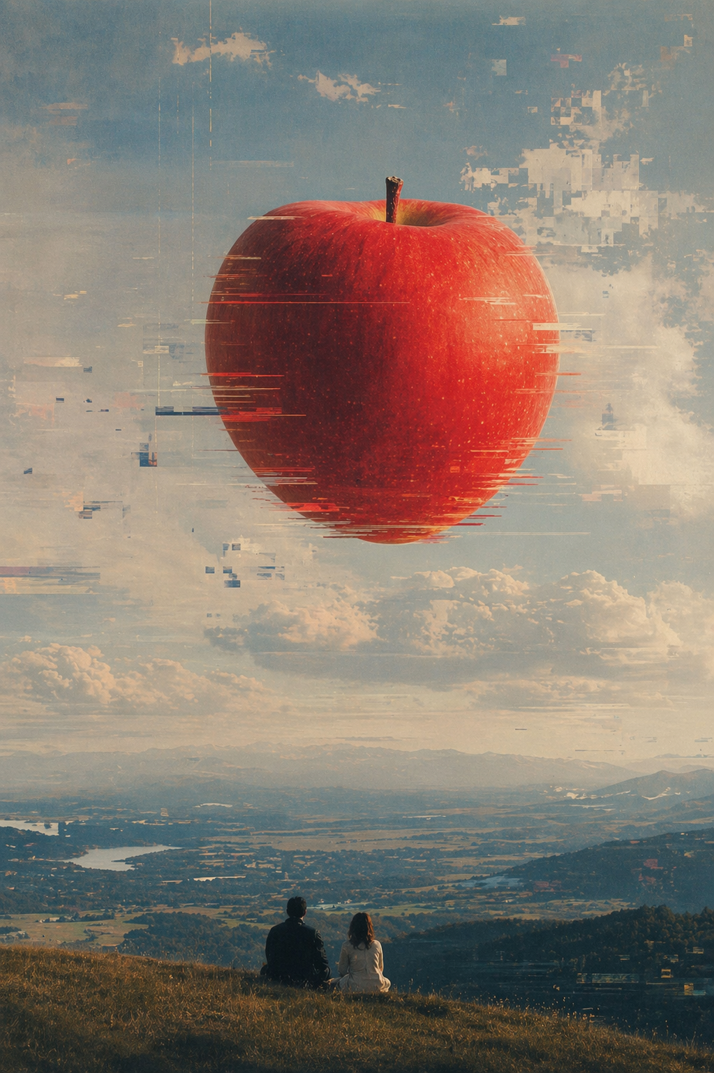 A surreal landscape with two tiny people sitting on a grassy hill, gazing at an enormous {object} suspended in the sky like a dream object. Inspired by glitchy atmospheric photography, the giant floating fruit should feel unreal and sublime, with subtle digital distortion streaks, fragmented sky textures, and a poetic non-real mood. Vast sky, distant valley, cinematic scale, uncanny stillness, dreamy and slightly glitched, vertical composition, 3:4 aspect ratio, no text, no watermark, no logo.