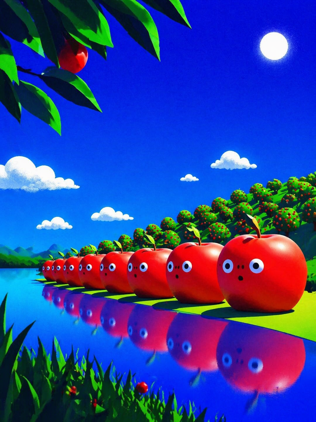 A playful pop-surreal graphic scene with hyper-saturated cobalt blue sky, smooth airbrushed gradients, whimsical repeated forms, toy-like simplicity, bold shadows, crisp edges, and a slightly absurd mood. A row of oversized stylized {object} with tiny expressive face-like features stands beside a reflective lake or along the edge of an orchard under bright daylight and a glowing moonlike sun. Cheerful polished poster aesthetic, strong red-green-blue contrast, vertical composition, 3:4 aspect ratio, no text, no letters, no numbers, no watermark, no logo, no signage.