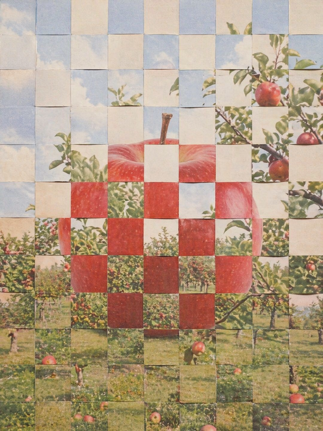 A dreamy editorial collage made of many small square paper tiles, checkerboard mosaic composition, soft pastel sky blue and cream tones, fragments of orchard branches and a giant {object} interwoven together, the shape of the {object} partially revealed through alternating tiles, handmade paper collage texture, slight tile misalignment, poetic minimalist composition, soft sunlight, airy vintage print feeling, subtle grain, no text, no logo, 3:4