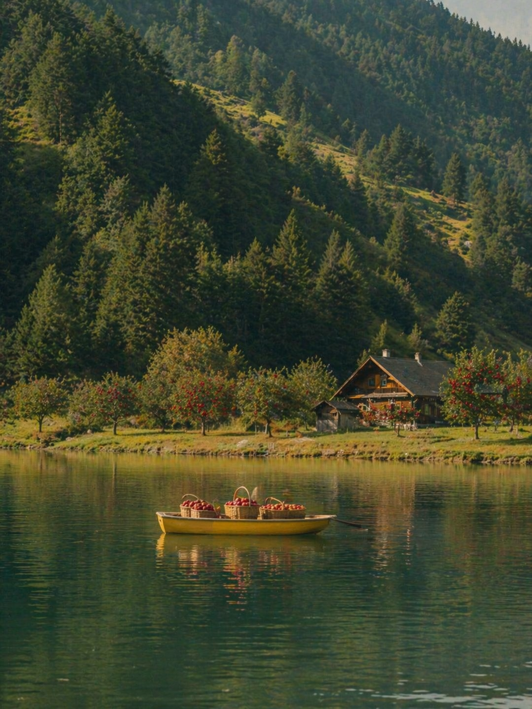 A serene pastoral landscape in a soft vintage cinematic photo style, calm lake with green blue reflections, a small yellow rowboat carrying baskets of {object}, rustic farmhouse by the shore, orchard trees beside the water, forested mountain hillside in the background, warm sunlight, peaceful alpine atmosphere, dreamy travel photography mood, natural color palette, no text, no logo, 3:4