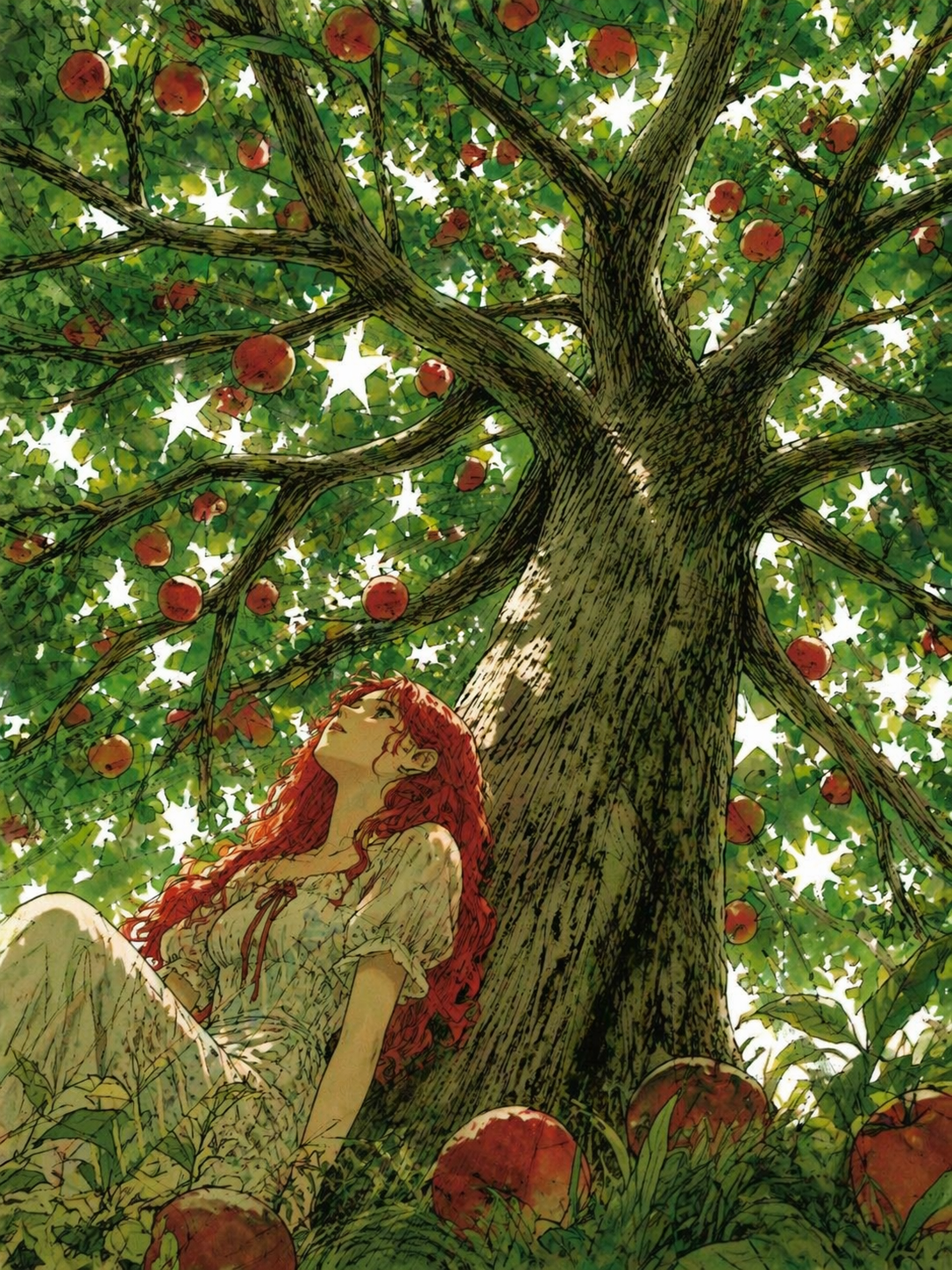A dramatic low angle anime style illustration looking up from beneath a large tree filled with {object}, expressive ink line branches, watercolor green foliage, bright star shaped gaps of sunlight between leaves, a red haired woman sitting calmly under the tree and gazing upward, scattered {object} on the grass, poetic dreamy mood, hand drawn vintage manga illustration feeling, lush green palette with warm red accents, no text, 3:4