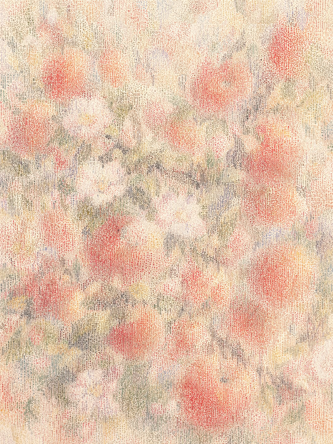 A full-page abstract field made entirely from extremely dense, tiny, text-like micro marks and page-like texture, but without any readable language. The overall image subtly forms the impression of {object}, blossoms, and orchard atmosphere through distributed warm reds, creams, greens, and soft charcoal tones. It should feel like a book page dissolved into a painterly fruit haze, with faded paper texture and soft highlights, vertical composition, 3:4 aspect ratio, no text, no letters, no numbers, no watermark, no logo.