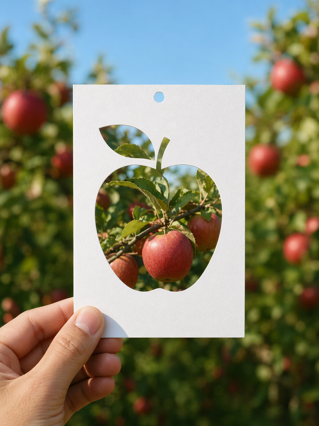 A hand holding a die-cut card or tag in front of a soft-focus {object} orchard. The card is a minimal white design object with a large fruit-shaped cutout window in the center, so the orchard scene is visible through the silhouette. Shallow depth of field, tactile paper feel, centered handheld framing, clean contemporary design aesthetic, vertical composition, 3:4 aspect ratio, no text, no letters, no numbers, no logos, no watermark.