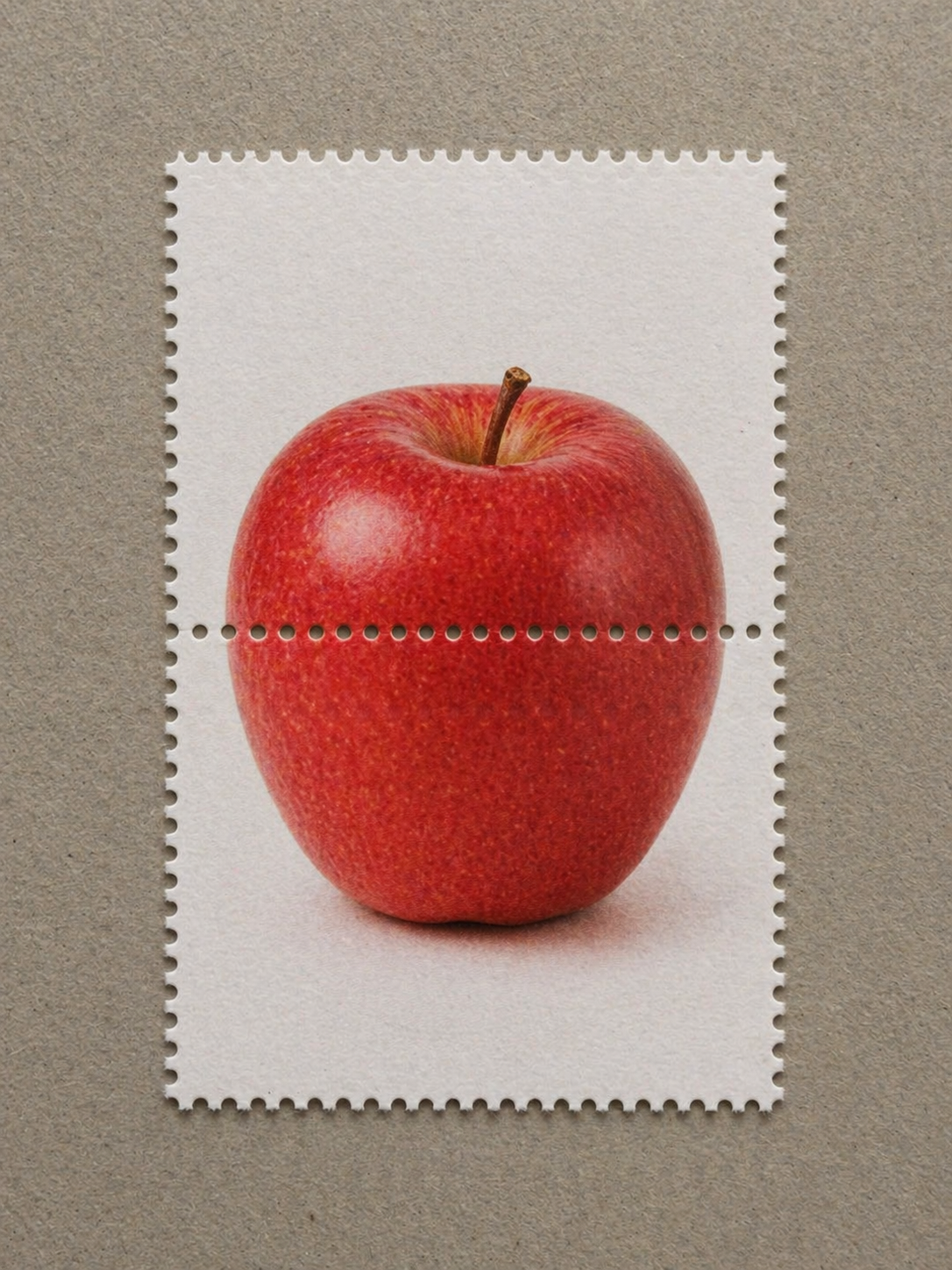 A minimalist macro photograph of two vertically stacked connected white postage stamps lying on warm gray textured paper, a single centered {object} printed across both stamp panels, the image naturally split by the horizontal perforation line, crisp perforated edges, soft paper texture, realistic printed photo look, simple front facing composition, no text, no numbers, no postal marks, 3:4
