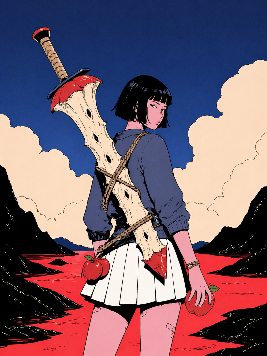 A bold flat color indie comic style illustration of a young female warrior standing in the foreground, carrying a giant sword made from the core of a {object} strapped across her back, surreal symbolic design, one or two {object} attached to her belt or held in one hand, deep blue sky, oversized cream clouds, black mountain silhouettes, striking red river or red ground plane, strong black outlines, retro manga poster aesthetic, dramatic and minimal, no text, no logo, 3:4