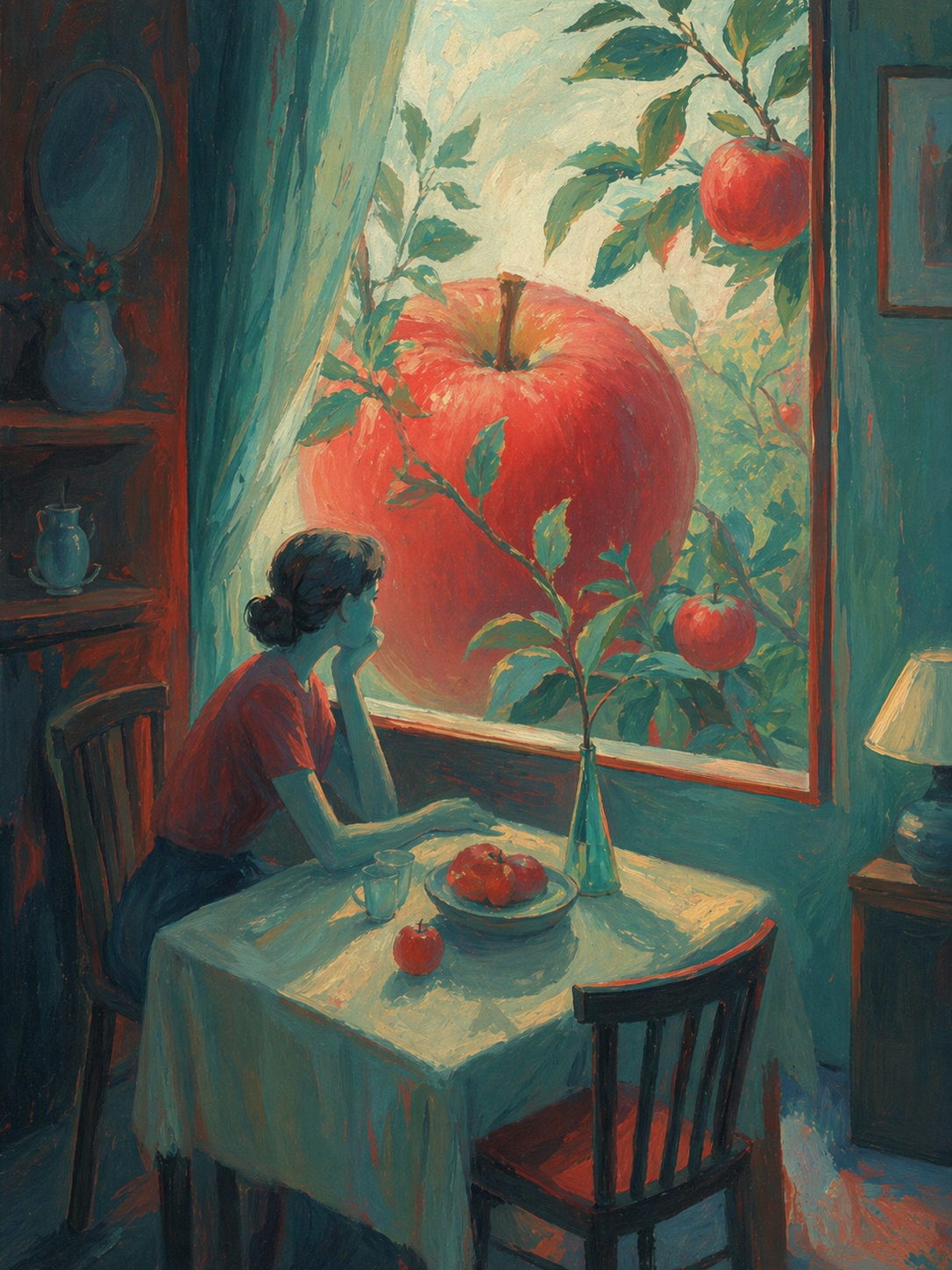 A surreal, painterly indoor scene in a moody oil-painting style, soft visible brushwork, teal and coral palette, dreamy window light, slightly distorted perspective, poetic quiet atmosphere. A solitary person sits at a small dining table near an open window, while an enormous luminous {object} appears outside like a quiet visitor, with branches from an orchard leaning into view. Intimate scale contrast, contemplative stillness, painterly textures, vertical composition, 3:4 aspect ratio, no text, no letters, no numbers, no watermark, no logo, no signage.