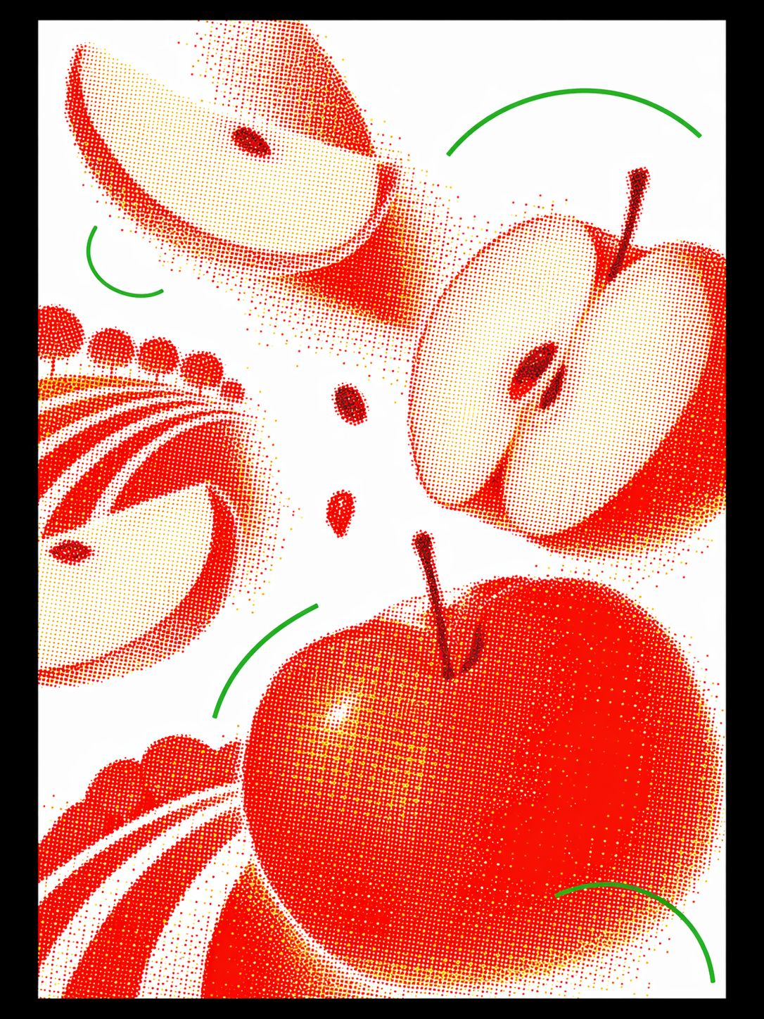 A bold experimental graphic poster made only from imagery, with halftone print energy, sparse white background, red-orange dotted forms, black framing accents, and a few clean green curve elements. Build an abstract composition from oversized sliced and whole {object}, stems, seeds, and curved orchard forms, treated as dynamic screen-printed shapes. Contemporary editorial poster aesthetic, high contrast, vertical composition, 3:4 aspect ratio, absolutely no text, no typography, no symbols, no letters, no numbers, no watermark, no logo.