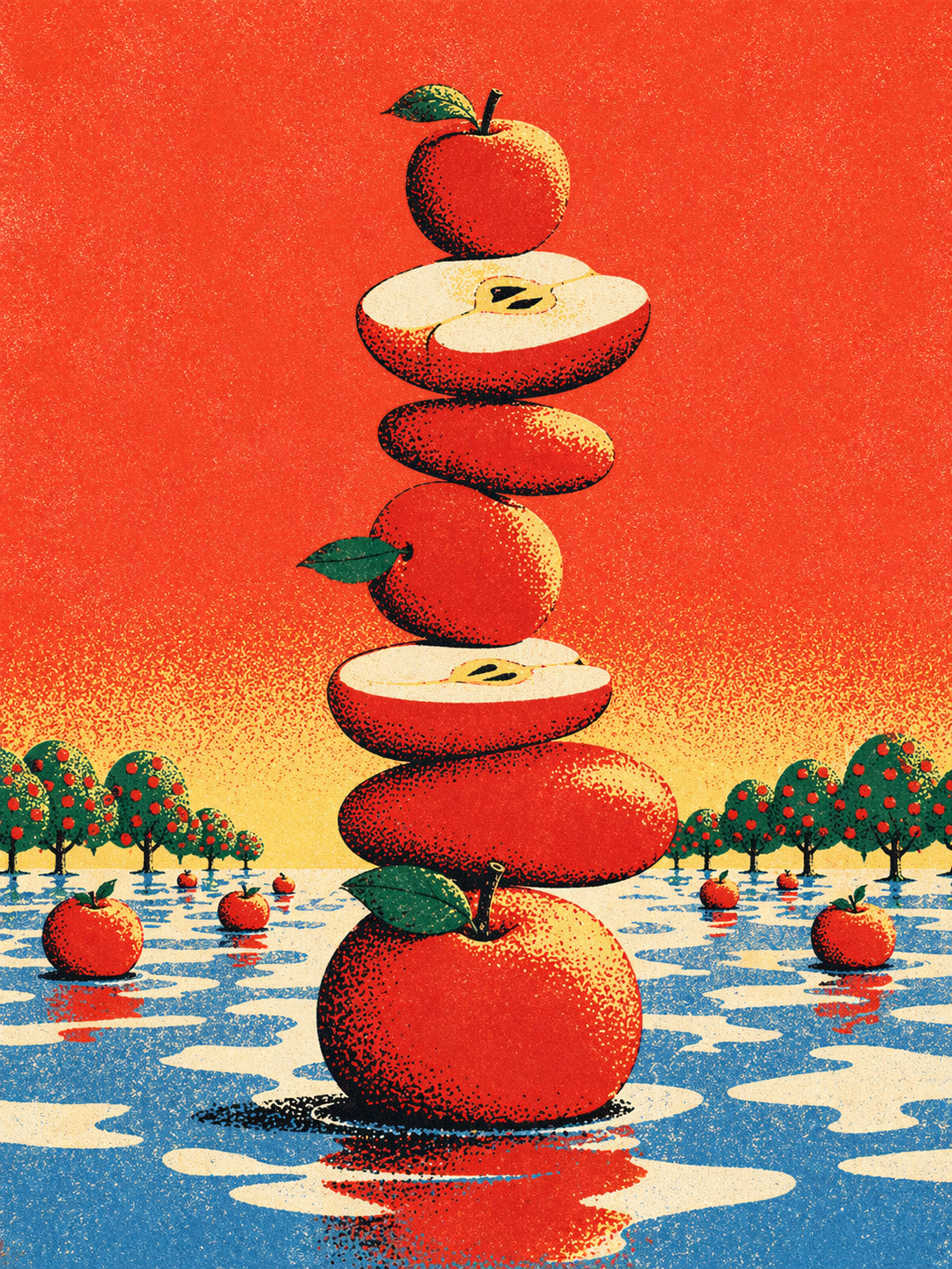 A bold retro screenprint-style illustration with stacked rounded forms, stippled grain, limited palette, and strong graphic contrast. A towering balanced stack of stylized whole and sliced {object} rises from a shallow reflective orchard floor or water surface. Poster-like simplicity, textured red-orange sky, blue-white ground, green-yellow accent shading, crisp black contour accents, halftone-like grain, slightly surreal balance, vertical composition, 3:4 aspect ratio, no text, no letters, no numbers, no watermark, no logo, no signage.