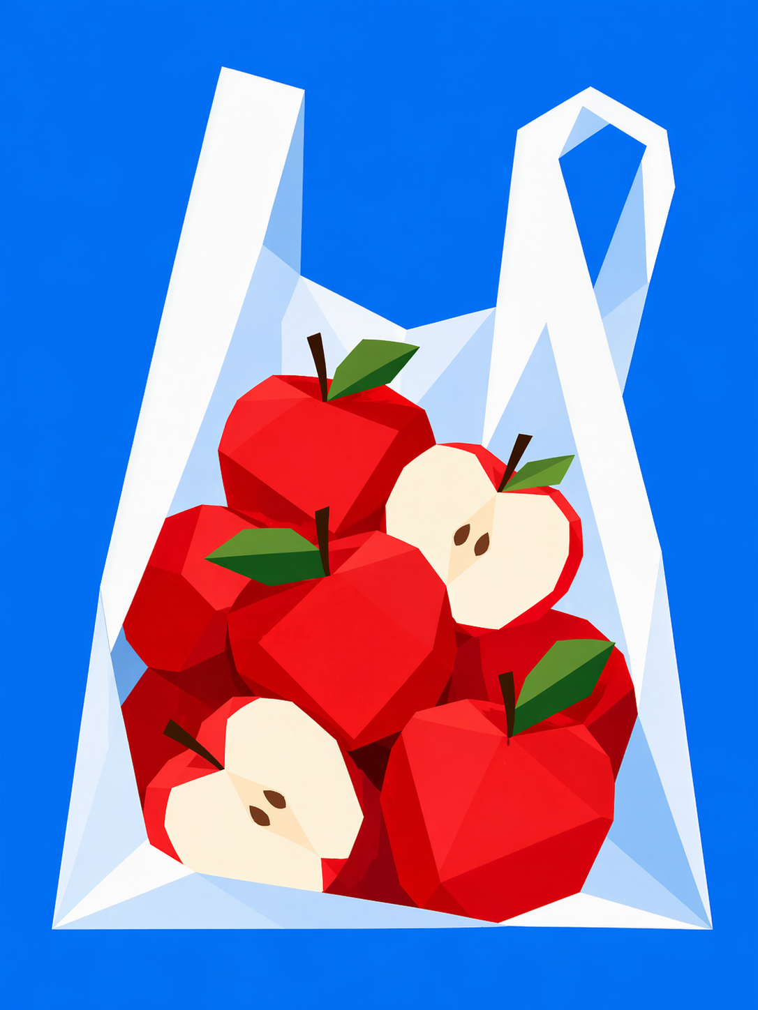 A minimalist geometric poster with flat vector shapes, crisp edges, simple faceted shading, and a vivid blue background. A white shopping bag is filled with several bright {object} and one or two sliced halves, arranged as a balanced graphic still life. Elegant cut-paper feeling, bold color blocking, subtle angular shadows, modern poster composition, vertical composition, 3:4 aspect ratio, no text, no letters, no numbers, no watermark, no logo, no signage.