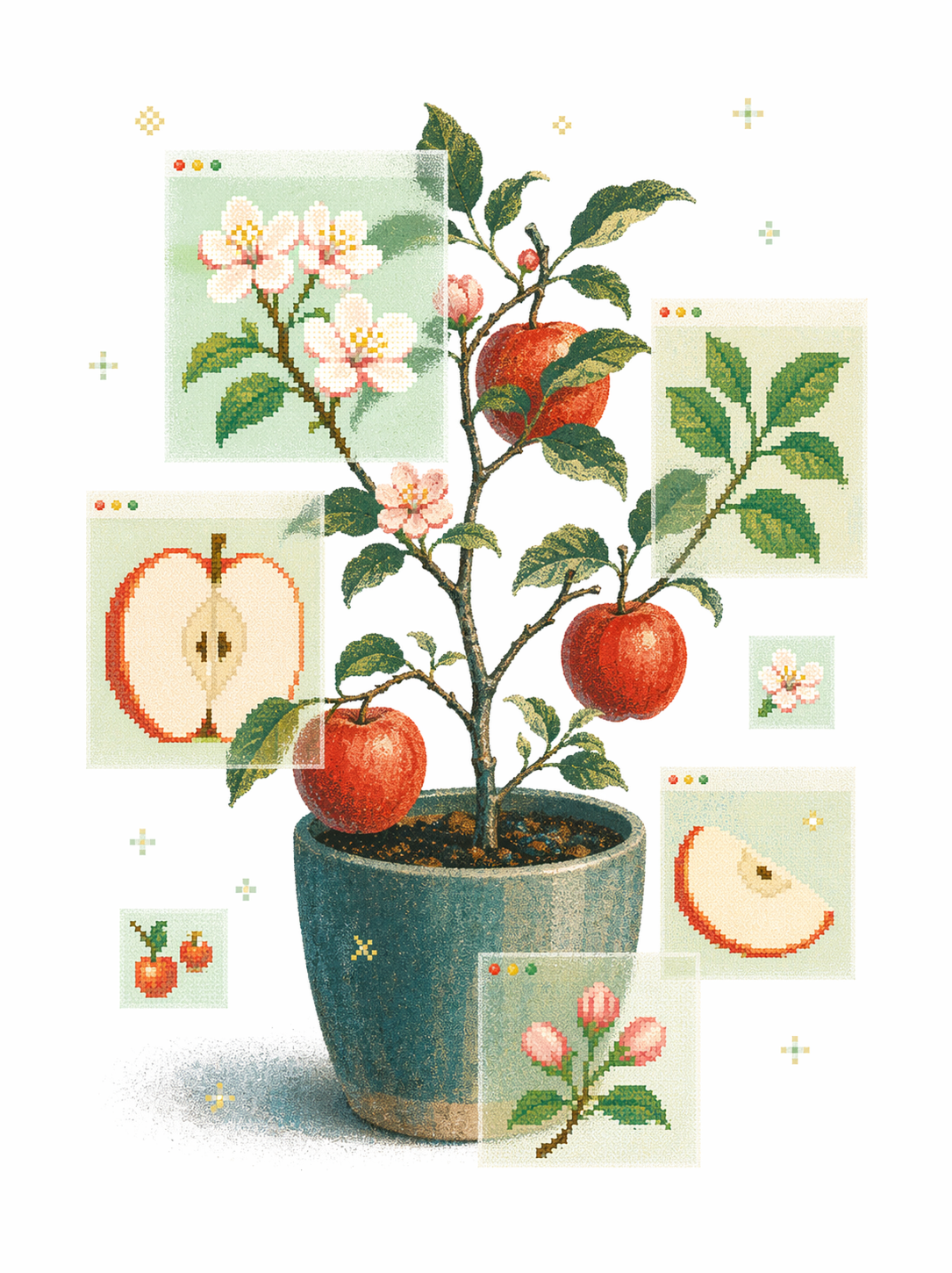A contemporary still life mixing soft grainy digital illustration with pixel-art botanical overlays. A potted {object} sapling or a small branch of {object} sits centered against a clean white background, surrounded by several translucent floating window-like panels showing pixelated blossoms, leaves, cross-sections, and tiny glowing fruit motifs. Airy layout, layered collage feeling, muted mint and cream screens, delicate noise texture, scattered pixel sparkles, vertical composition, 3:4 aspect ratio, no text, no letters, no numbers, no interface labels, no watermark, no logo.