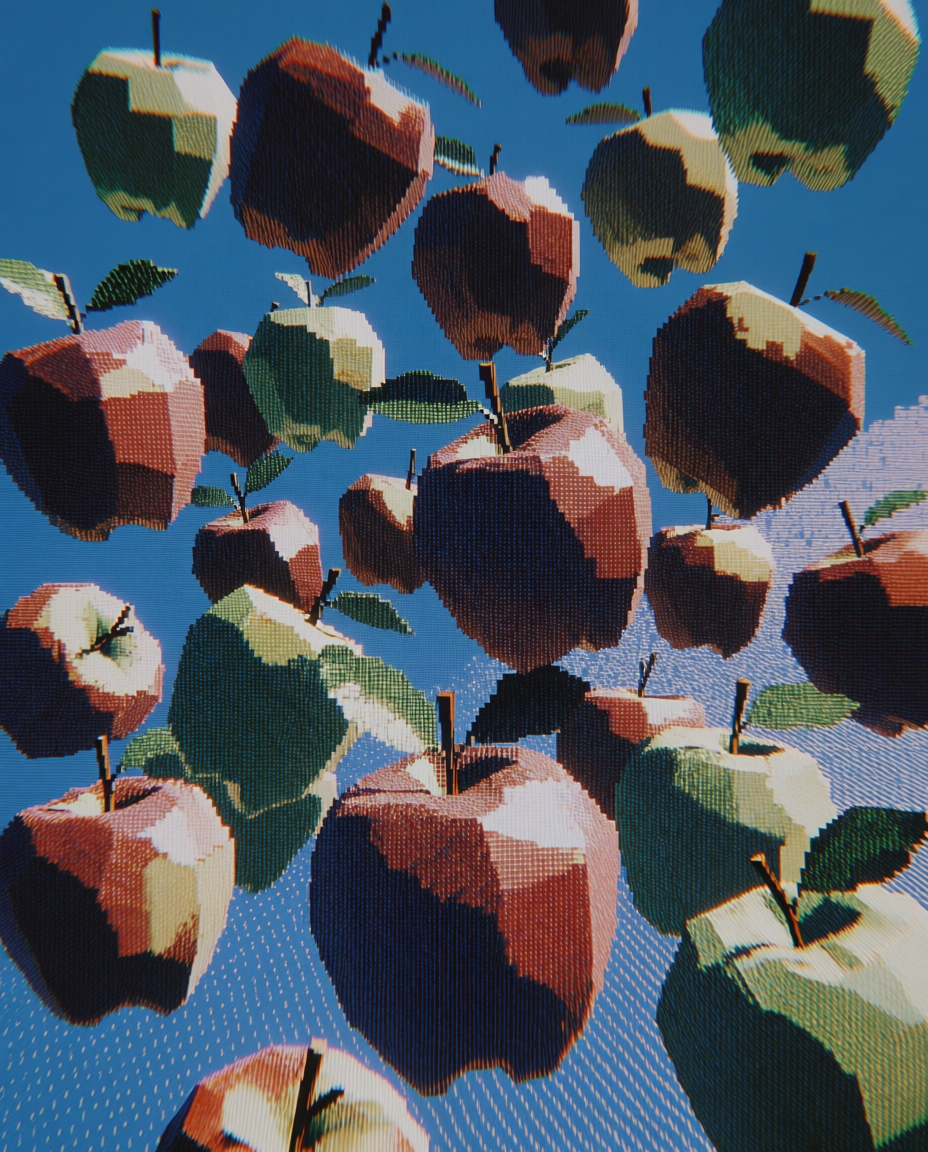 A dramatic overhead photograph of apple rain, with several glossy {object} falling or resting in a rain-soaked environment seen from directly above. Use wet reflections, motion suggestion, splashes, puddle rings, and cool gray daylight contrasted against saturated red fruit. Bird's-eye composition, atmospheric realism, poetic weather event, vertical composition, 3:4 aspect ratio, no text, no letters, no numbers, no watermark, no logo.