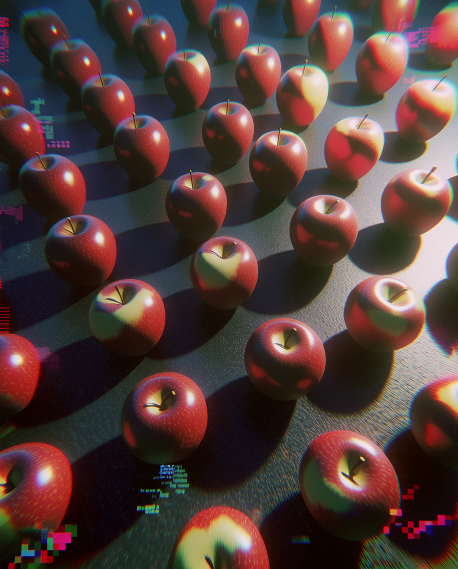 A top-down cinematic composition where {object} and rain share the frame as equal subjects. Arrange scattered apples across a slick reflective ground, with raindrop impacts, tiny streams of water, and soft overcast lighting. The image should feel like a quiet impossible storm, realistic but slightly surreal. Bird's-eye view, moody blue-gray palette with red accents, vertical composition, 3:4 aspect ratio, no text, no letters, no numbers, no watermark, no logo.
