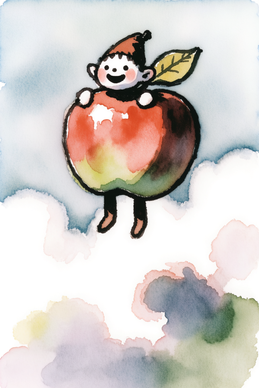 A whimsical fantasy illustration of a tiny apple elf drifting high in the sky, using {object} as costume, vessel, or magical companion. Blend storybook charm with airy cloud space, delicate atmospheric perspective, warm highlights, and a sense of upward motion. Keep the apple visually central and recognizable. Dreamlike sky scene, soft surreal narrative, vertical composition, 3:4 aspect ratio, no text, no letters, no numbers, no watermark, no logo.