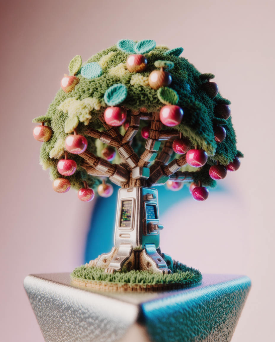 A clean 3D model study of an apple tree as a compact design object, with simplified branches, leaves, and multiple {object} forms arranged like a miniature botanical sculpture. Use soft studio lighting, smooth clay-like surfaces, subtle shadows, and a neutral background that makes the form readable. Product-model clarity, playful botanical structure, vertical composition, 3:4 aspect ratio, no text, no letters, no numbers, no watermark, no logo.