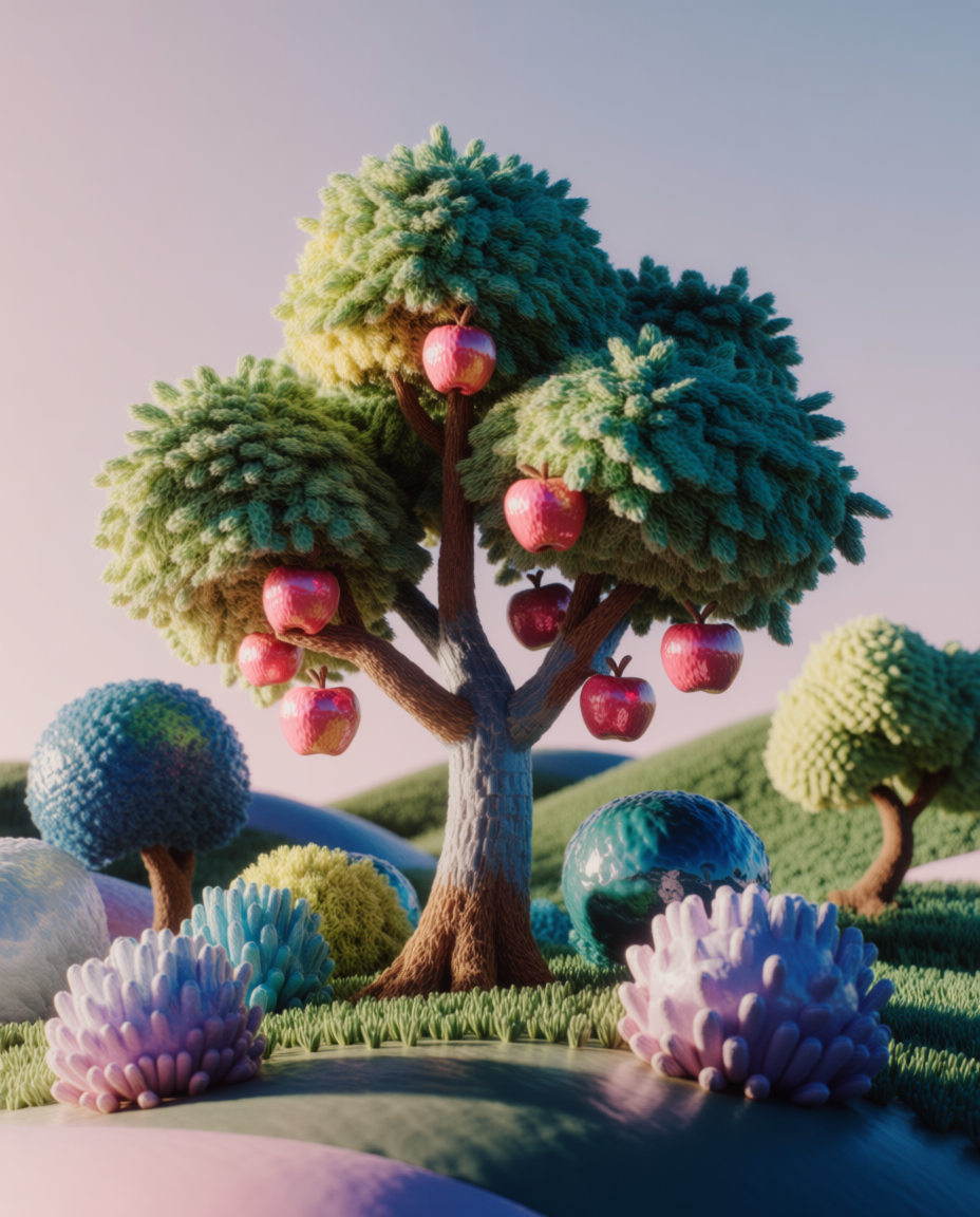 A stylized 3D apple tree model presented as a small sculptural scene, with rounded foliage, visible stems, and bright {object} distributed through the canopy. Keep the geometry clean and tactile, like a polished maquette or toy prototype. Soft ambient occlusion, careful studio framing, gentle color contrast, vertical composition, 3:4 aspect ratio, no text, no letters, no numbers, no watermark, no logo.