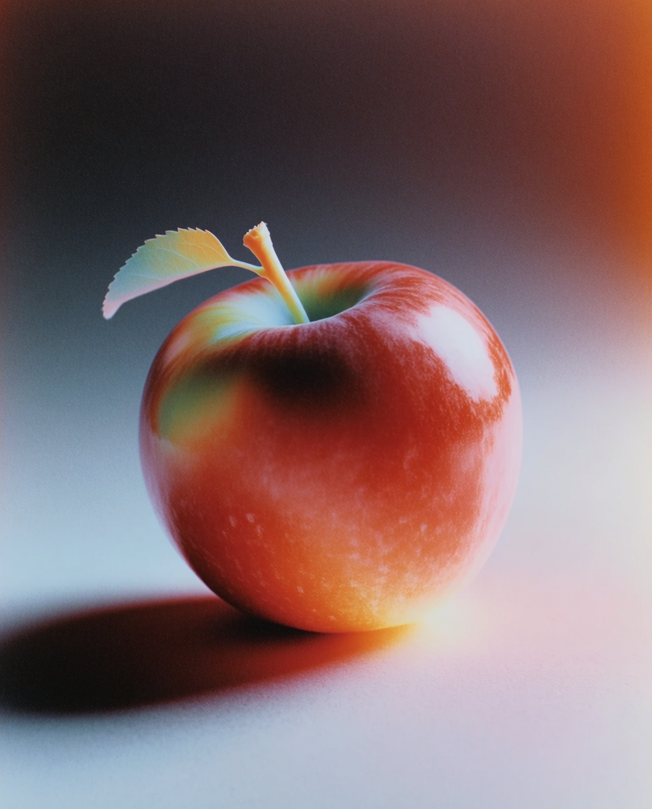 A realistic apple study from a distinct camera angle, emphasizing silhouette, surface curvature, and the relationship between stem, body, and shadow. The {object} should feel simple but carefully observed, with crisp focal detail and a restrained background. Natural light, subtle color variation, understated composition, vertical composition, 3:4 aspect ratio, no text, no letters, no numbers, no watermark, no logo.
