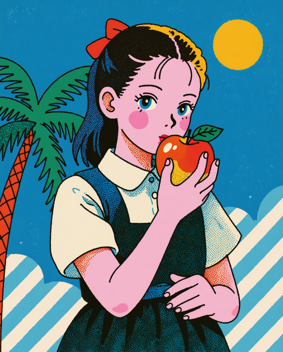 An eye-level Japanese city-pop inspired illustration of a girl holding a vivid {object}, set in a nostalgic urban evening with soft neon color, clean graphic shapes, and gentle retro atmosphere. The apple should be a clear focal point in her hand, catching warm highlights against cooler city tones. Editorial anime poster feeling, calm character narrative, vertical composition, 3:4 aspect ratio, no text, no letters, no numbers, no watermark, no logo.
