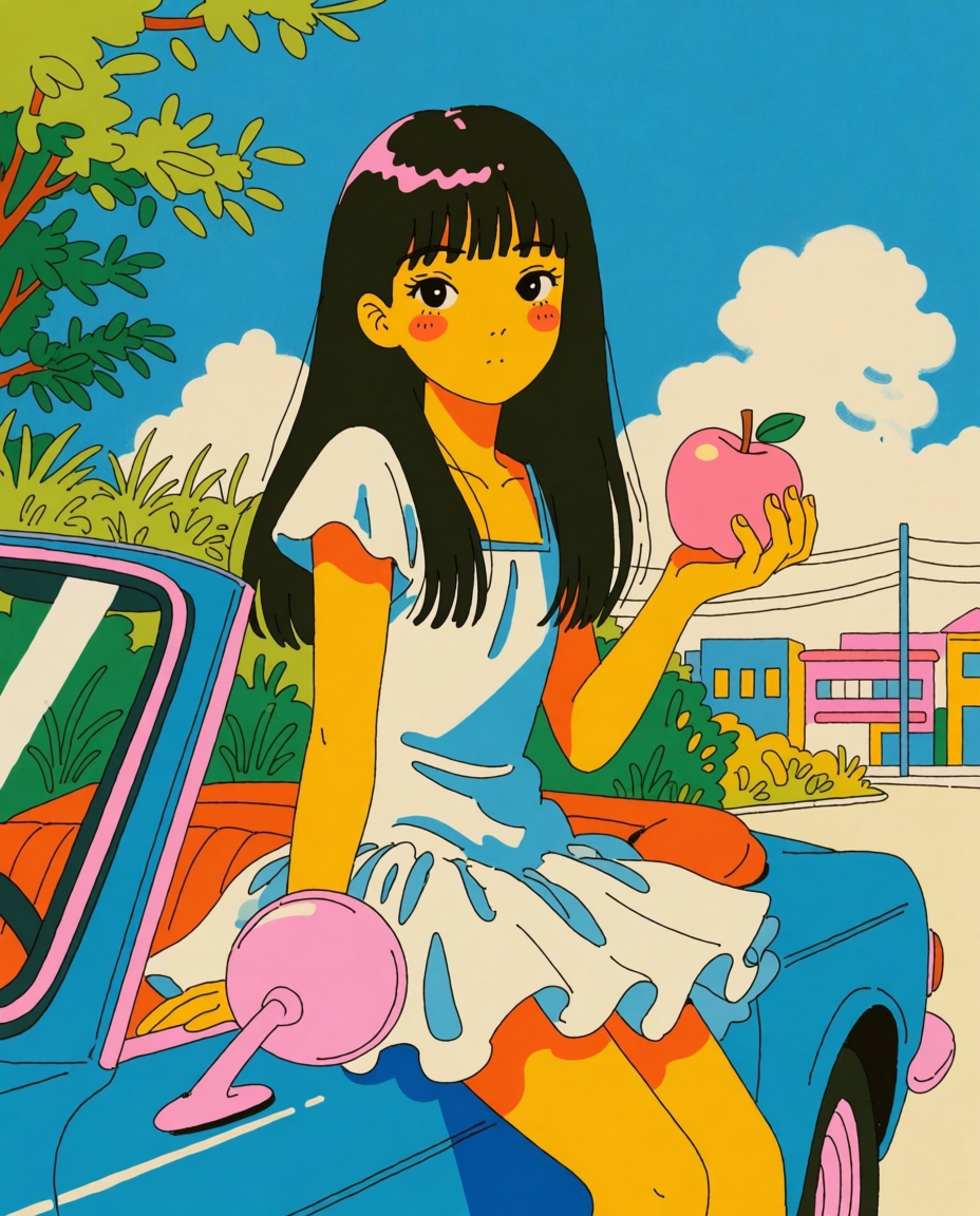 A polished city-pop character scene at eye level, showing a girl holding {object} in a quiet Japanese street or station-like setting. Use nostalgic 1980s-inspired color, soft evening light, crisp linework, subtle grain, and a composed portrait framing. The apple should read as both object and symbol, bright red against teal, pink, and amber surroundings. Vertical composition, 3:4 aspect ratio, no text, no letters, no numbers, no watermark, no logo.