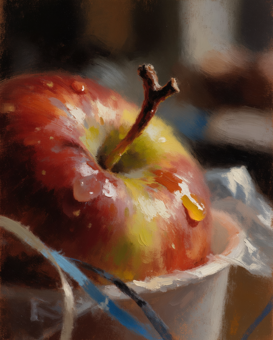 An extreme close-up apple study in an unexpected environment, where {object} fills most of the frame and the background is only a blurred hint of place. Show minute surface texture, specular highlights, curved red skin, and a narrow plane of focus. Random-location documentary mood, macro photography, quiet visual tension, vertical composition, 3:4 aspect ratio, no text, no letters, no numbers, no watermark, no logo.